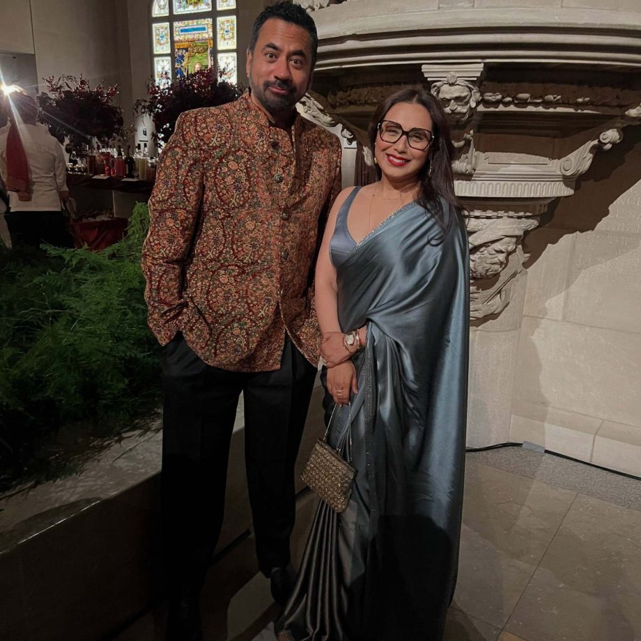Rani Mukerji Steals The Show In Metallic Grey Satin Saree At Sabyasachi’s Diwali Reception 1