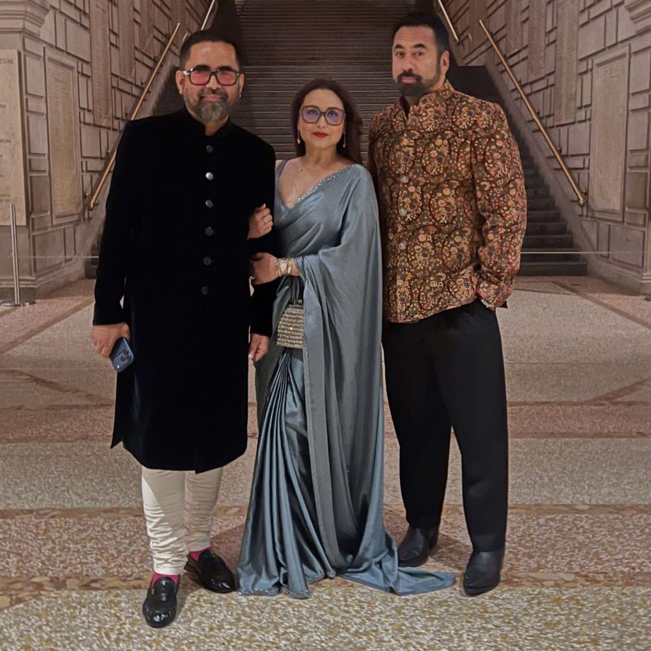 Rani Mukerji Steals The Show In Metallic Grey Satin Saree At Sabyasachi’s Diwali Reception 1
