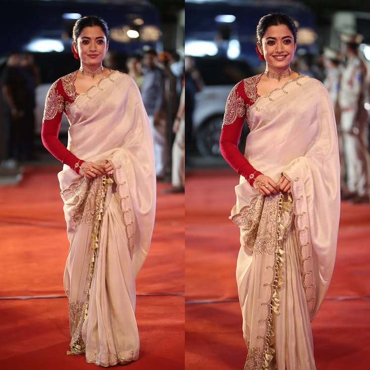 Rashmika Mandanna Ivory Saree Look: Actress Stuns In Elegant Traditional Ensemble At Ranabaali Pre-Release Event 1