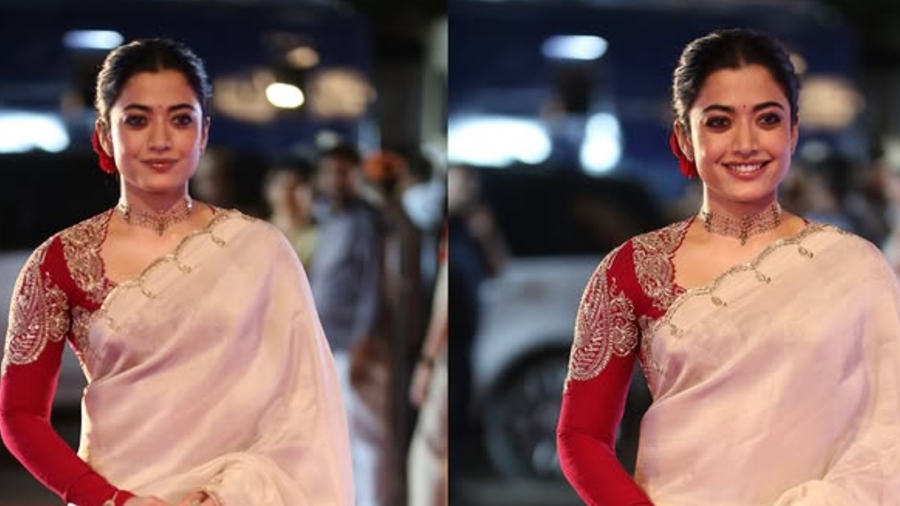 Rashmika Mandanna Ivory Saree Look: Actress Stuns In Elegant Traditional Ensemble At Ranabaali Pre-Release Event 1