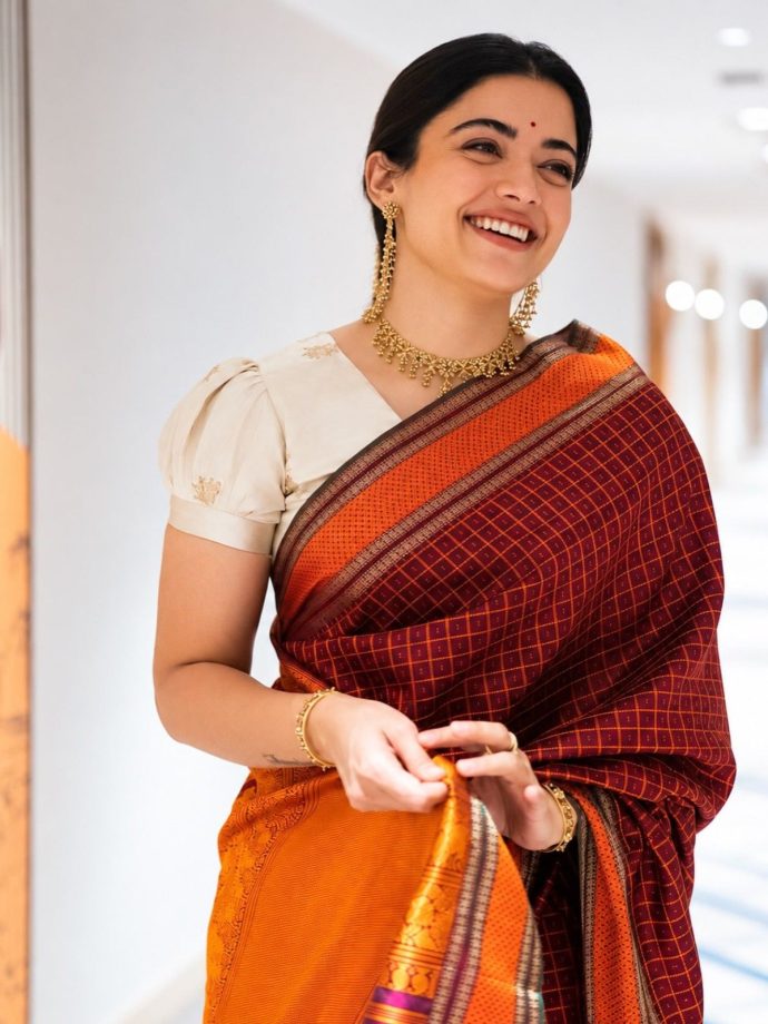 Rashmika Mandanna Revives Old-World Charm In A Rich Wine Kanchipuram Silk Saree And Puff-Sleeve Blouse 1