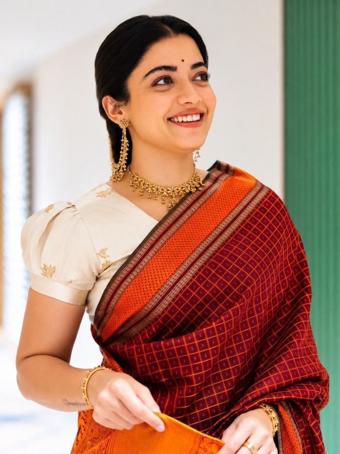 Rashmika Mandanna Revives Old-World Charm In A Rich Wine Kanchipuram Silk Saree And Puff-Sleeve Blouse 1