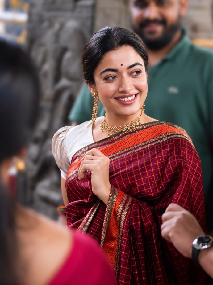 Rashmika Mandanna Revives Old-World Charm In A Rich Wine Kanchipuram Silk Saree And Puff-Sleeve Blouse 1