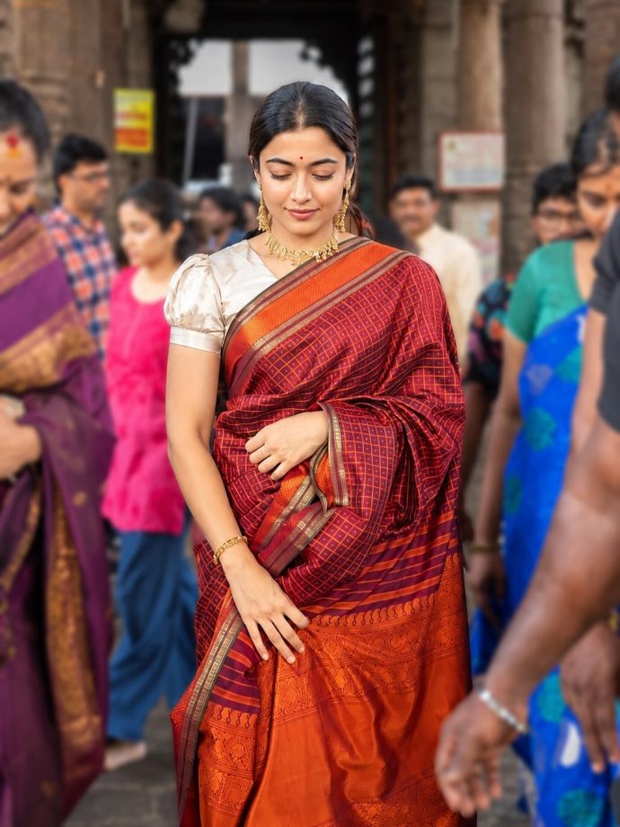 Rashmika Mandanna Revives Old-World Charm In A Rich Wine Kanchipuram Silk Saree And Puff-Sleeve Blouse 1