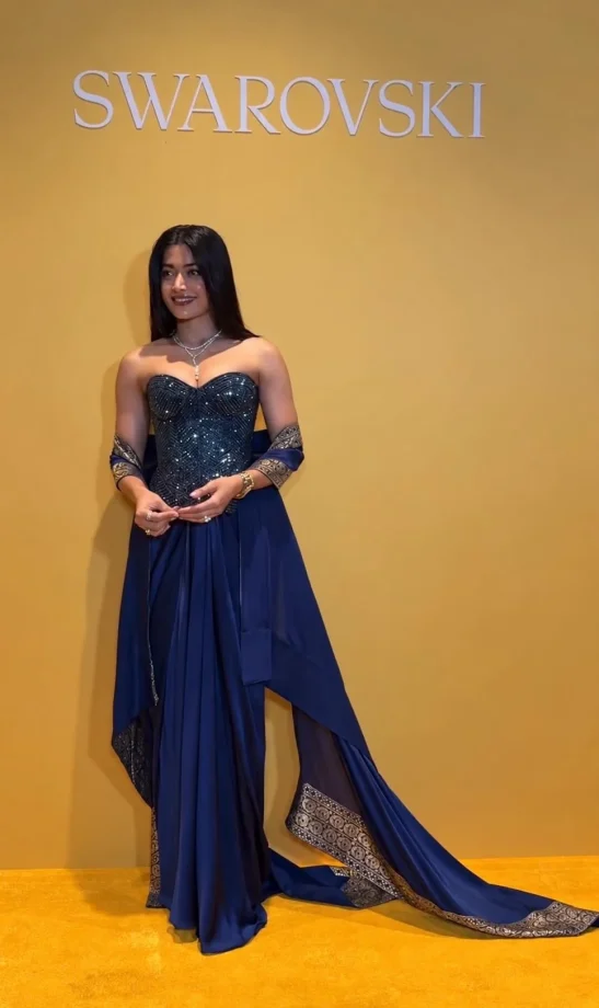 Rashmika Mandanna’s Swarovski Diwali Look: A Dazzling Blue Crystal Corset And Banarasi Drape 1