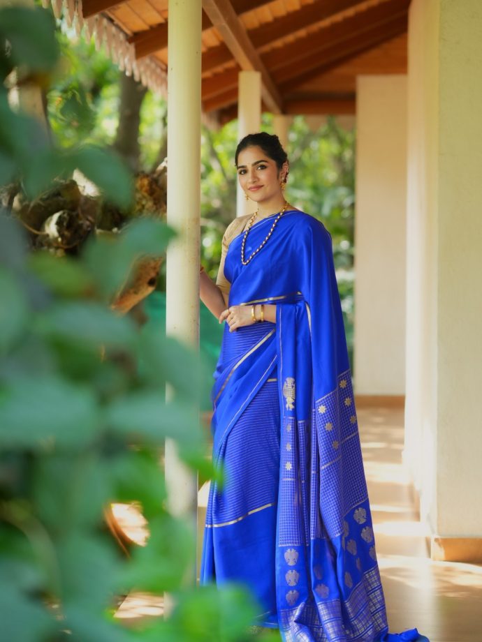 Rukmini Vasanth Looks Regal In Royal Blue Mysore Silk Saree For Mysuru Dasara Celebrations 1