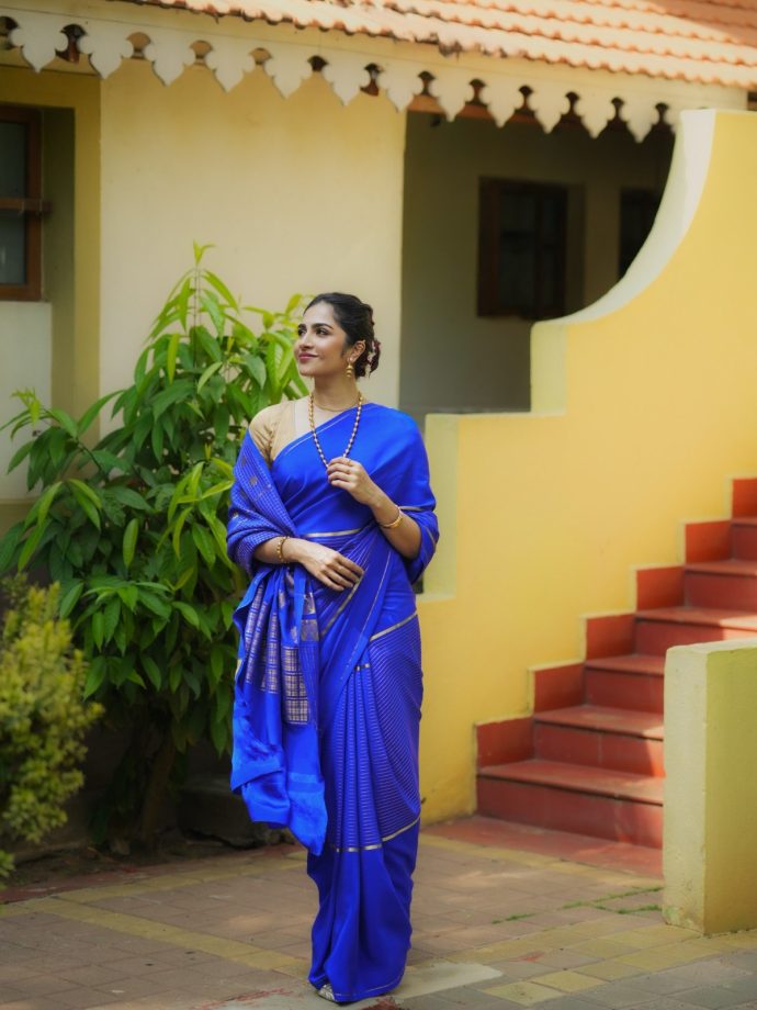 Rukmini Vasanth Looks Regal In Royal Blue Mysore Silk Saree For Mysuru Dasara Celebrations 1