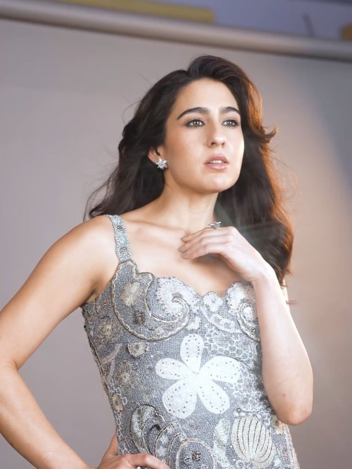 Sara Ali Khan Makes Grey Glamour Look Effortless in Embroidered Midi Dress for Udta Teer Promotions 1