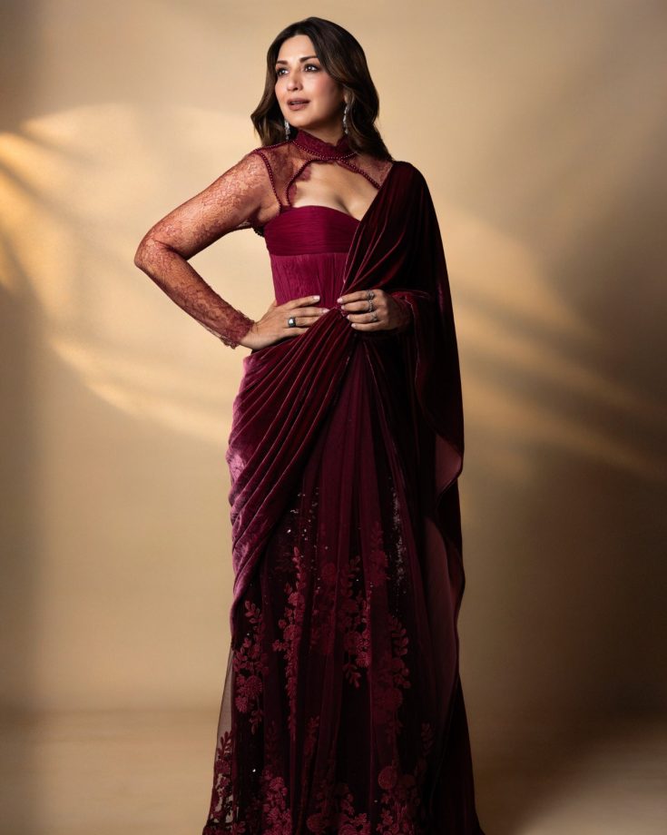 Sonali Bendre’s Burgundy Velvet Saree With Lace Detailing 1